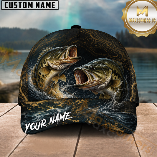 Maxcorners Fishing Double Bass Black Gold Marble Wave Customized Name 3D Cap