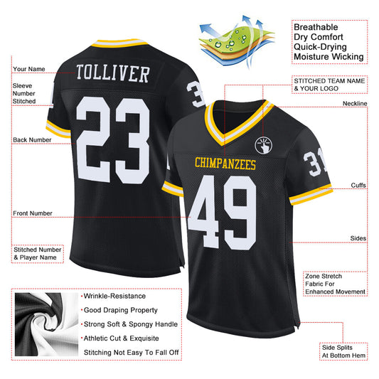 Maxcorners Custom Black White-Gold Mesh Authentic Throwback Football Jersey LM2605