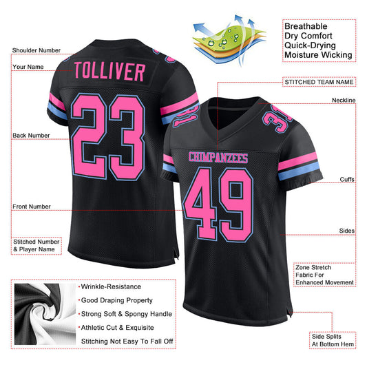 Maxcorners Custom Black Pink-Light Blue Mesh Authentic Football Jersey LM2605