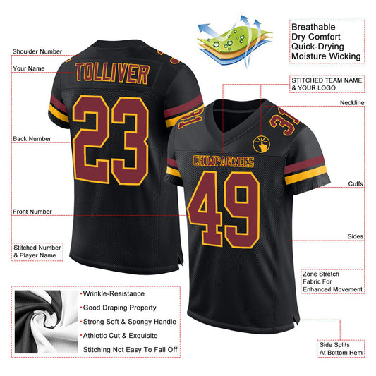 Maxcorners Custom Black Burgundy-Gold Mesh Authentic Football Jersey LM2605