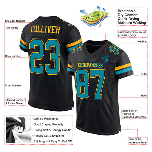 Maxcorners Custom Black Teal-Gold Mesh Authentic Football Jersey LM2605