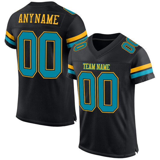 Maxcorners Custom Black Teal-Gold Mesh Authentic Football Jersey LM2605