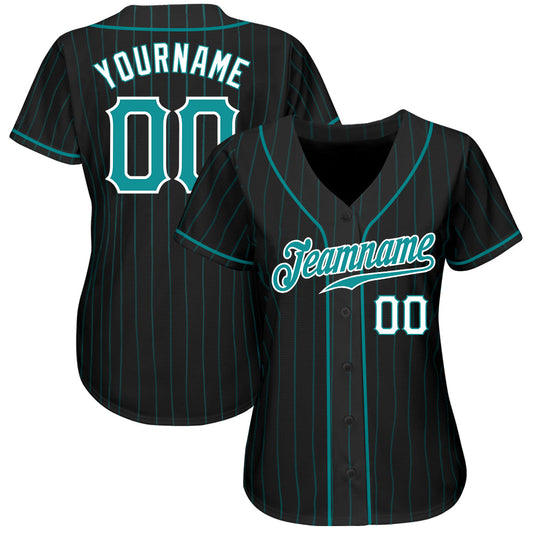 Maxcorners Custom Black Aqua Pinstripe Teal-White Authentic Baseball Jersey LM2605