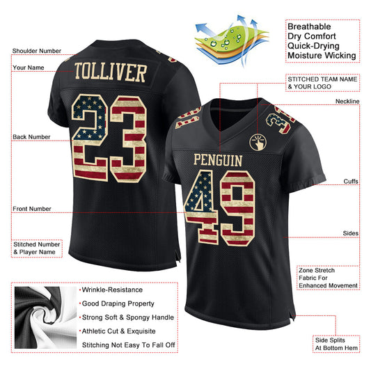 Maxcorners Custom Black Vintage USA Flag-Cream Mesh Authentic Classic Football Jersey LM2605