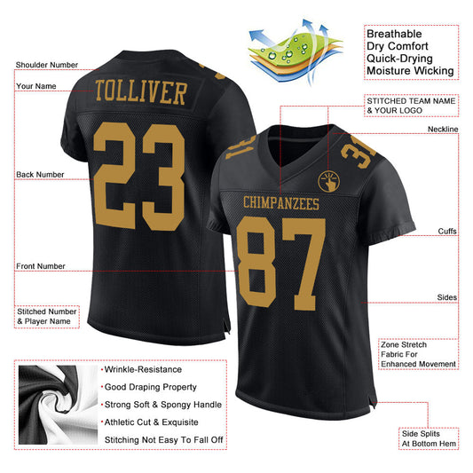 Maxcorners Custom Black Old Gold Mesh Authentic Football Jersey LM2605