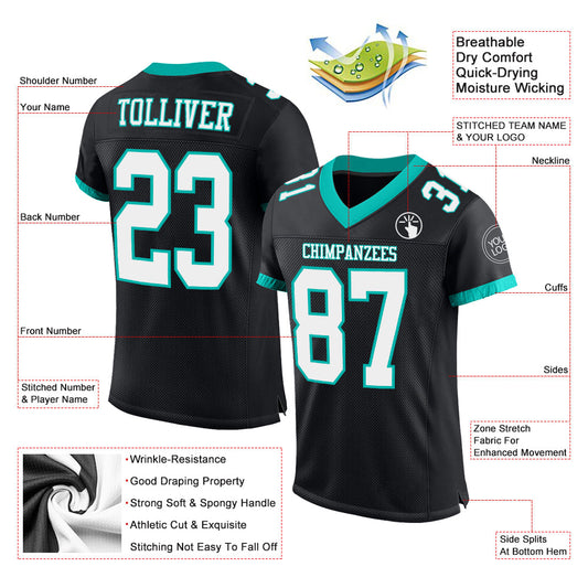 Maxcorners Custom Black White-Aqua Mesh Authentic Football Jersey LM2605
