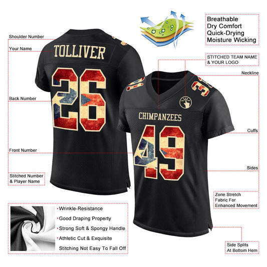 Maxcorners Custom Black Vintage Puerto Rican Flag-City Cream Mesh Authentic Football Jersey LM2605