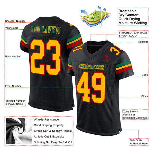 Maxcorners Custom Black Gold Red-Kelly Green Mesh Authentic Football Jersey LM2605
