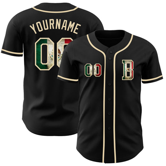 Maxcorners Custom Black Vintage Mexican Flag-Cream Authentic Baseball Jersey LM2605
