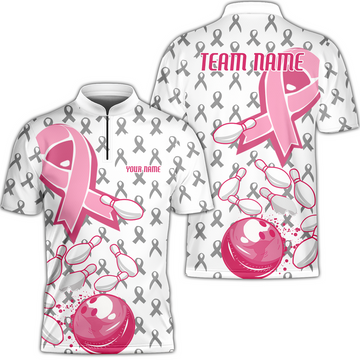 Maxcorners Custom Bowling Team Uniform Jerseys Breast Cancer Pink Ribbon Ladies, Bowling Shirt Personalized Name And Team Name