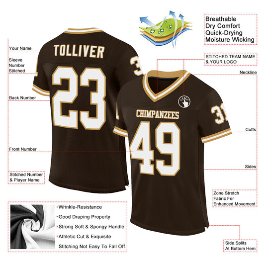 Maxcorners Custom Brown White-Old Gold Mesh Authentic Throwback Football Jersey LM2605