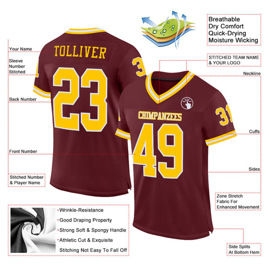 Maxcorners Custom Burgundy Gold-White Mesh Authentic Throwback Football Jersey LM2605