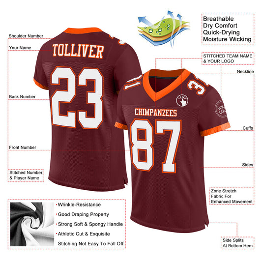 Maxcorners Custom Burgundy White-Orange Mesh Authentic Football Jersey LM2605