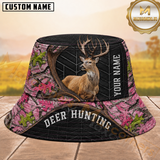 Maxcorners Deer Hunting Pink Woodland Camouflage Black Antler Personalized Name 3D Bucket Hat