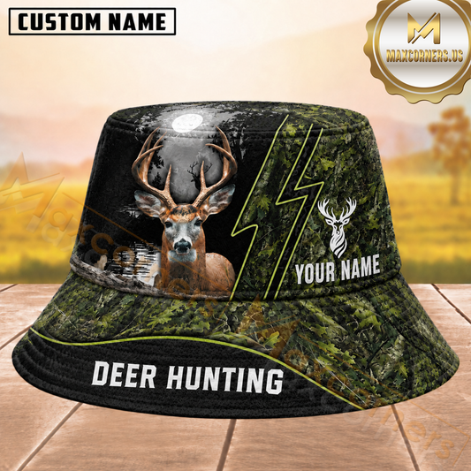 Maxcorners Deer Hunting Green Forest Camouflage Moonlight Personalized Name 3D Bucket Hat