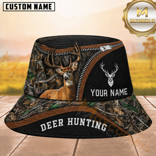 Maxcorners Deer Hunting Zipper Woodland Camouflage Black Brown Personalized Name 3D Bucket Hat