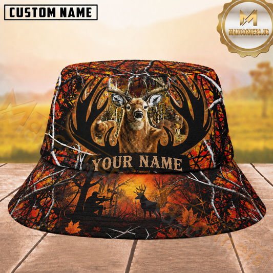 Maxcorners Deer Hunting Fiery Orange Forest Camouflage Sunset Personalized Name 3D Bucket Hat
