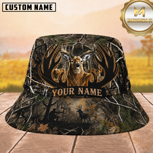 Maxcorners Deer Hunting Brown Woodland Camouflage Hunter Silhouette Personalized Name 3D Bucket Hat
