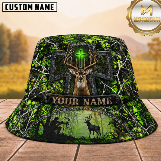 Maxcorners Deer Hunting Neon Green Cross Forest Camouflage Personalized Name 3D Bucket Hat