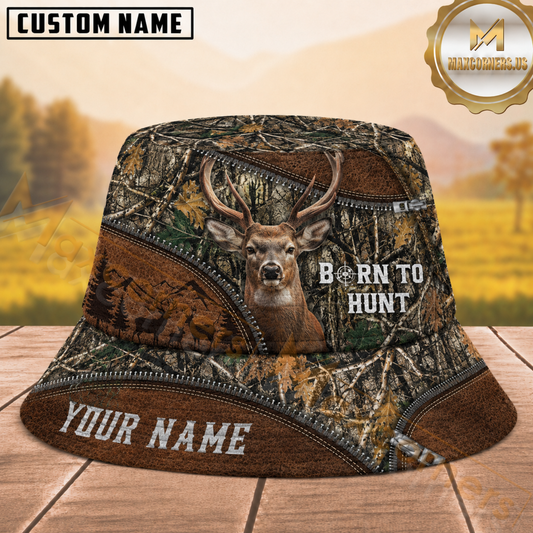 Maxcorners Deer Hunting Born to Hunt Brown Woodland Zipper Camouflage Personalized Name 3D Bucket Hat