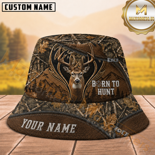 Maxcorners Deer Hunting Rustic Antler Forest Leather Camouflage Personalized Name 3D Bucket Hat