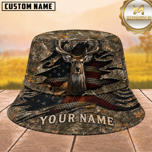 Maxcorners Deer Hunting Distressed American Flag Woodland Camouflage Personalized Name 3D Bucket Hat