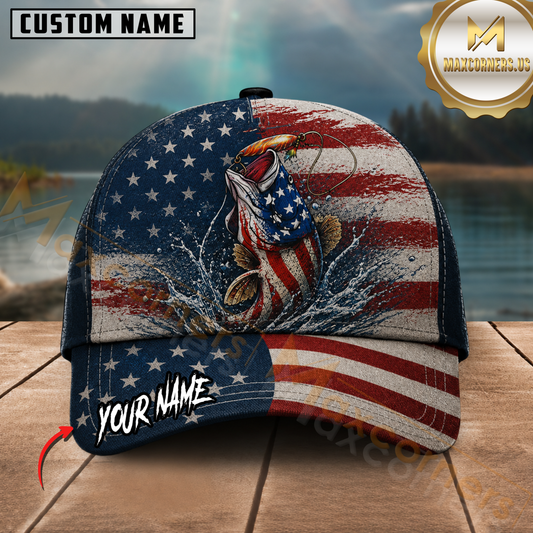Maxcorners Fishing Jumping Largemouth Bass American Flag Customized Name 3D Cap
