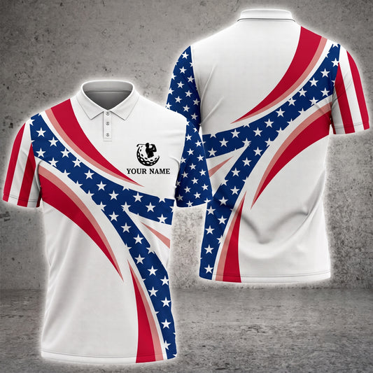 Maxcorners Men's Patriotic Dynamic Wave 3D Golf Personalized Name Polo Shirts