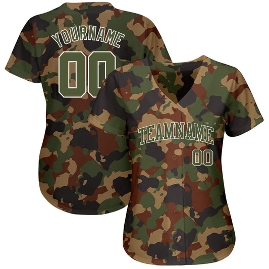 Maxcorners Custom Camo Olive-White Dark Classic Woodland Authentic Salute To Service Baseball Jersey LM2605