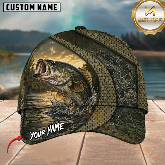 Maxcorners Fishing Olive Green Honeycomb Water Splash Customized Name 3D Cap