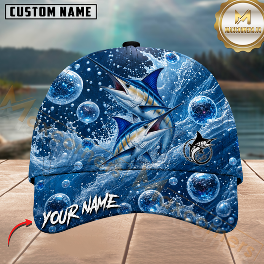 Maxcorners Fishing Deep Blue Water Splash Bubble Customized Name 3D Cap