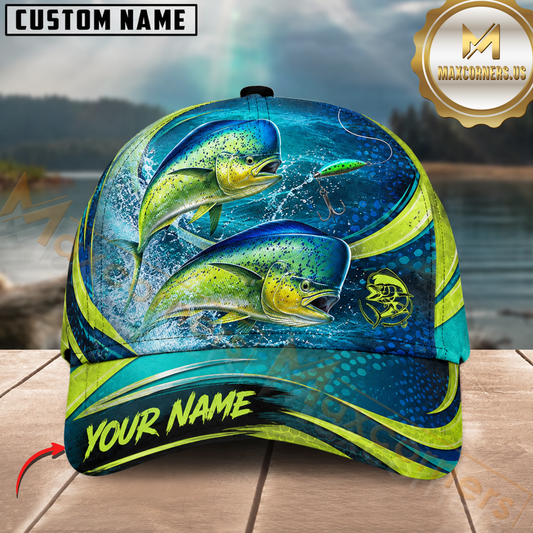 Maxcorners Fishing Neon Lime Aqua Wave Splash Customized Name 3D Cap