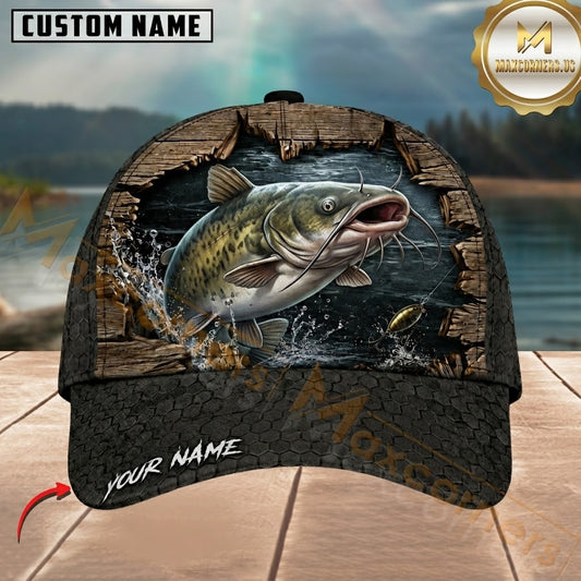 Maxcorners Fishing Rustic Wood Frame Black Scale Customized Name 3D Cap