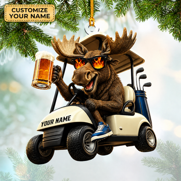 Maxcorners Hunting Moose Driving Golf Cart With Beer Customized Name 3D Keychain And Ornament