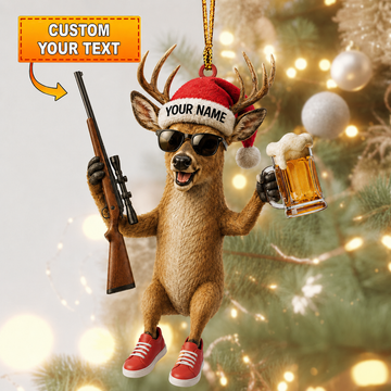 Maxcorners Hunting Deer With Rifle And Beer Christmas Customized Name 3D Keychain And Ornament