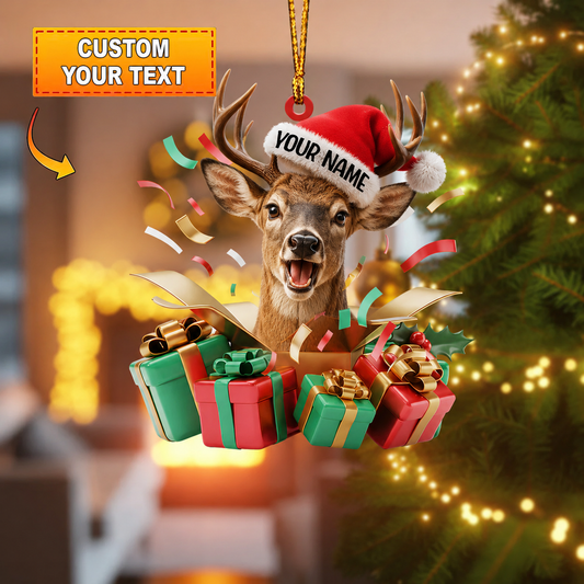 Maxcorners Hunting Deer Christmas Gift Box Surprise Customized Name 3D Keychain And Ornament