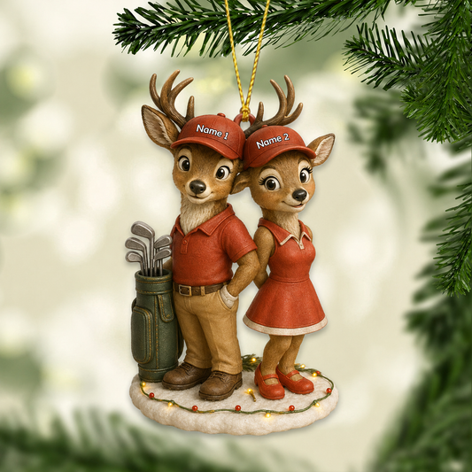 Maxcorners Hunting Deer Golf Couple Red Outfit Customized Names 3D Keychain And Ornament