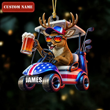 Maxcorners Hunting Deer Driving American Flag Golf Cart With Beer Customized Name 3D Keychain And Ornament