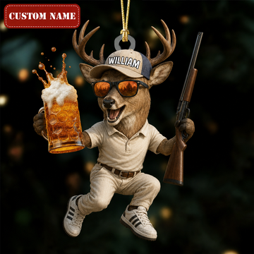Maxcorners Hunting Deer With Beer And Rifle Customized Name 3D Keychain And Ornament