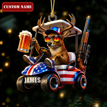 Maxcorners Hunting Deer Driving American Flag Golf Cart With Beer And Rifles Customized Name 3D Keychain And Ornament