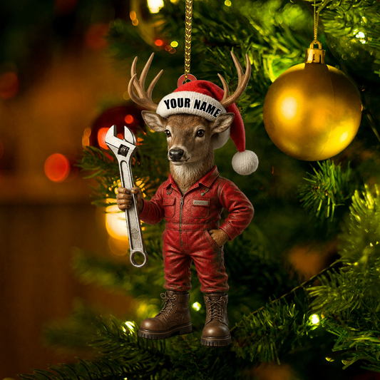 Maxcorners Hunting Deer Mechanic Santa With Wrench Customized Name 3D Keychain And Ornament 1