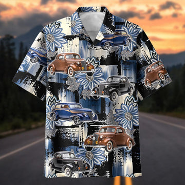 Maxcorners Personalized 1930s Antique Classic Blue Floral Grunge Car Hawaiian Shirt, Custom Photo Car Aloha Shirts