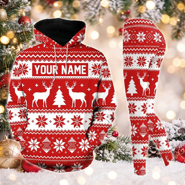 Maxcorners Combo Hunting Red White Fair Isle Reindeer Snowflake Knitted Pattern Personalized Name 3D Hoodie Leggings Combo Set