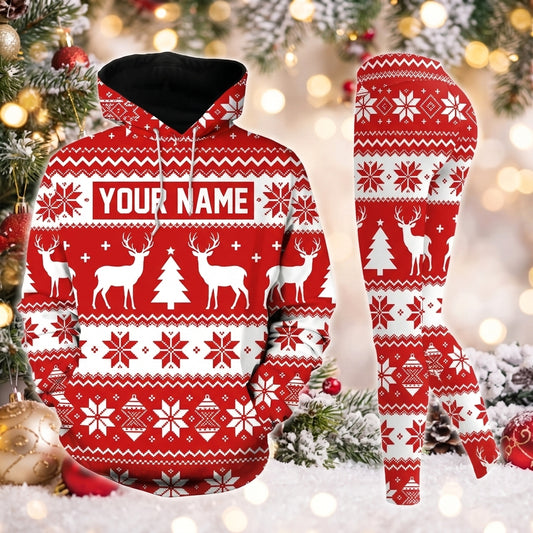 Maxcorners Combo Hunting Red White Fair Isle Reindeer Snowflake Knitted Pattern Personalized Name 3D Hoodie Leggings Combo Set