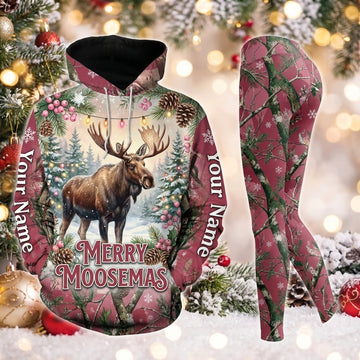 Maxcorners Combo Hunting Merry Moosemas Moose Christmas Tree Pink Camo Pine Branches Personalized Name 3D Hoodie Leggings Combo Set