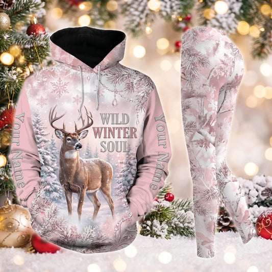Maxcorners Combo Hunting Wild Winter Soul Whitetail Deer Snow Forest Pink Camo Personalized Name 3D Hoodie Leggings Combo Set