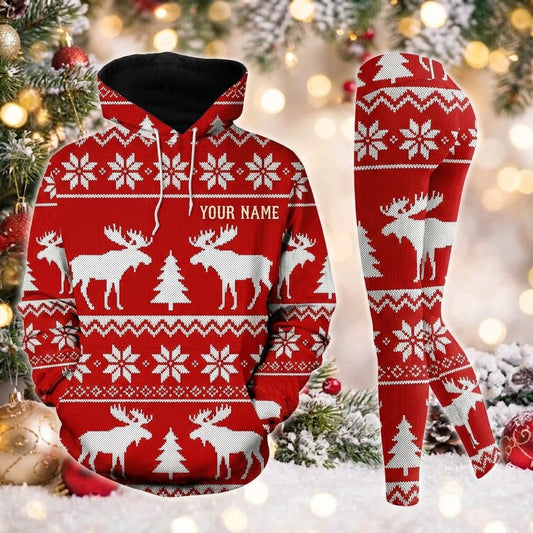 Maxcorners Combo Hunting Red White Fair Isle Moose Snowflake Knitted Ugly Christmas Pattern Personalized Name 3D Hoodie Leggings Combo Set