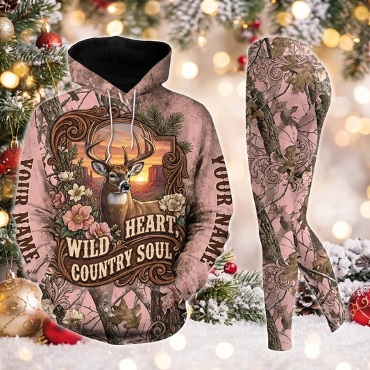 Maxcorners Combo Hunting Wild Heart Country Soul Buck Deer Western Vintage Frame Pink Camo Personalized Name 3D Hoodie Leggings Combo Set