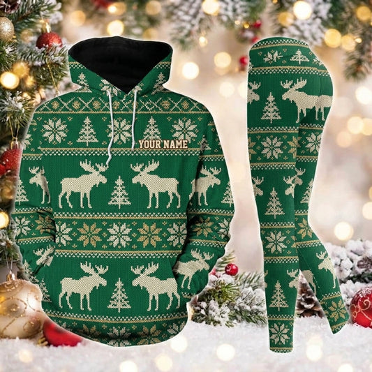 Maxcorners Combo Hunting Green Gold Fair Isle Moose Pine Tree Knitted Ugly Christmas Pattern Personalized Name 3D Hoodie Leggings Combo Set