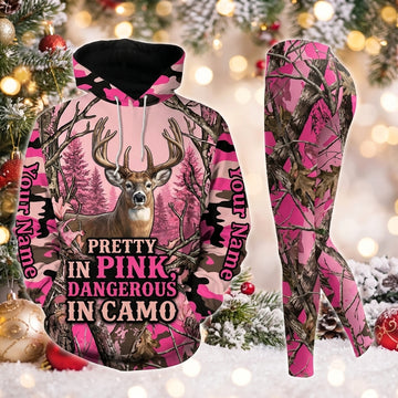Maxcorners Combo Hunting Pretty In Pink Dangerous In Camo Buck Deer Forest Pink Camo Personalized Name 3D Hoodie Leggings Combo Set